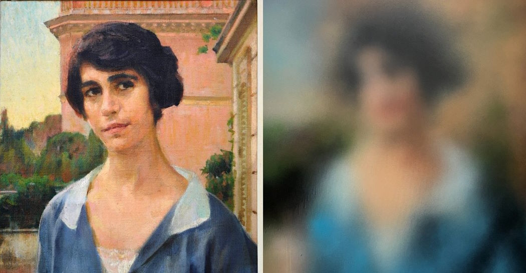 Giacomo Balla, Ritratto femminile (Annina Levi), 1930-40, olio su tela, GAM AM 5350; Miaz Brothers, Ritratto di donna, 2023, aerografo su tela