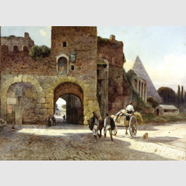 Ettore Roesler Franz  (Roma 1845-1907), La Porta S. Paolo o Ostiense, Acquerello, mm 549x770, Roma 1887