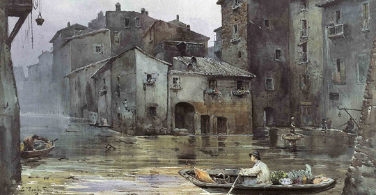 Ettore Roesler Franz, La via Fiumara, nel Ghetto, inondata, Acquerello, mm 530x750, In b.a.s. E. Roesler Franz, Roma, data presunta: ante 1883