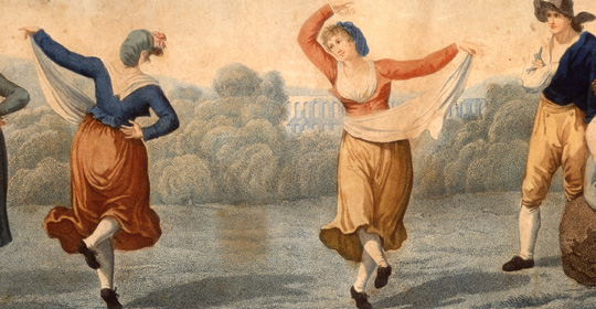 Françoise Pinelli (pseudonimo di Bartolomeo), Ballo campestre nei dintorni di Roma, primo quarto secolo XIX, incisione colorata, particolare