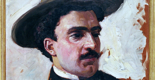 Giovanni Carpanetto (1863 - 1928),  Ritratto di Trilussa, 1915, olio su tavola, particolare