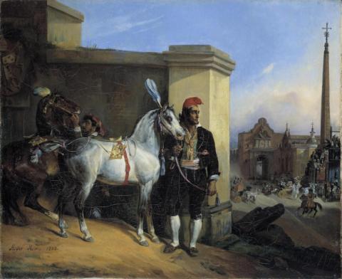 Adolphe Roger, Cavallo con barbaresco e mossa dei barberi, 1823
