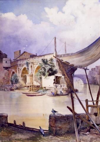 Baracche di pescatori al ponte Rotto, in distanza si scorge la torre del castello degli Alberteschi 1883 c (Ettore Roesler Franz)