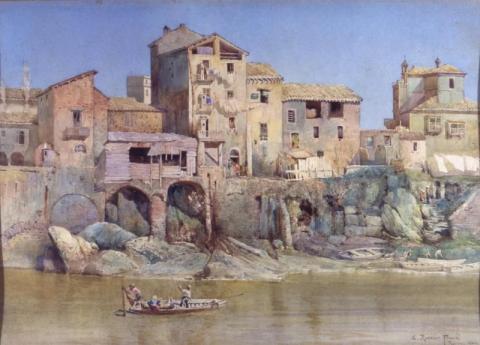 Dall’Isola Tiberina – Accesso dal Tevere ed avanzi della fortezza dei Pierleoni – Mura romane a destra 1880 (Ettore Roesler Franz)