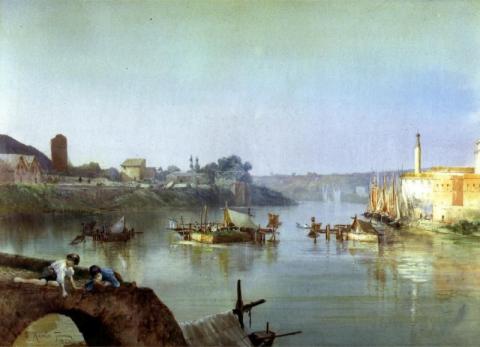 Giornelli di pescatori sugli avanzi del Ponte Sublicio presso la Ripa Romea o porto di Ripagrande 1883 c (Ettore Roesler Franz)