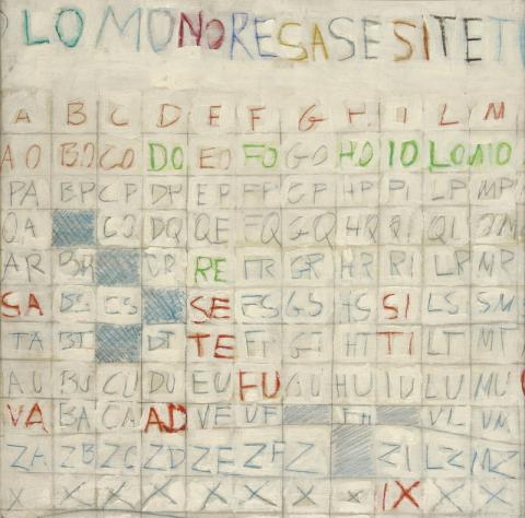 Totolettera, Gastone Novelli, 1962, tecnica mista su tela, 50 x 50 cm, collezione privata, Archivio Gastone Novelli, Roma