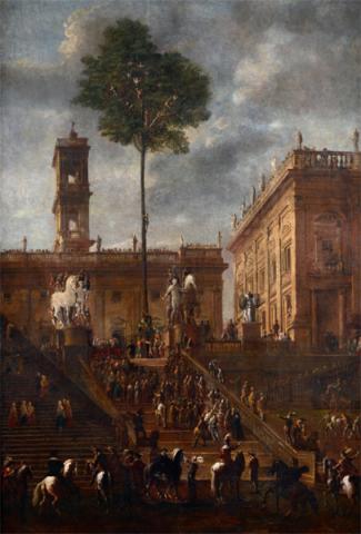 L'albero della cuccagna sulla piazza del Campidoglio per la festa del Calendimaggio 