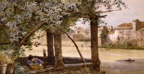 Ettore Roesler Franz (1845-1907), Terrazza presso il Ponte Sisto su mura romane, 1878